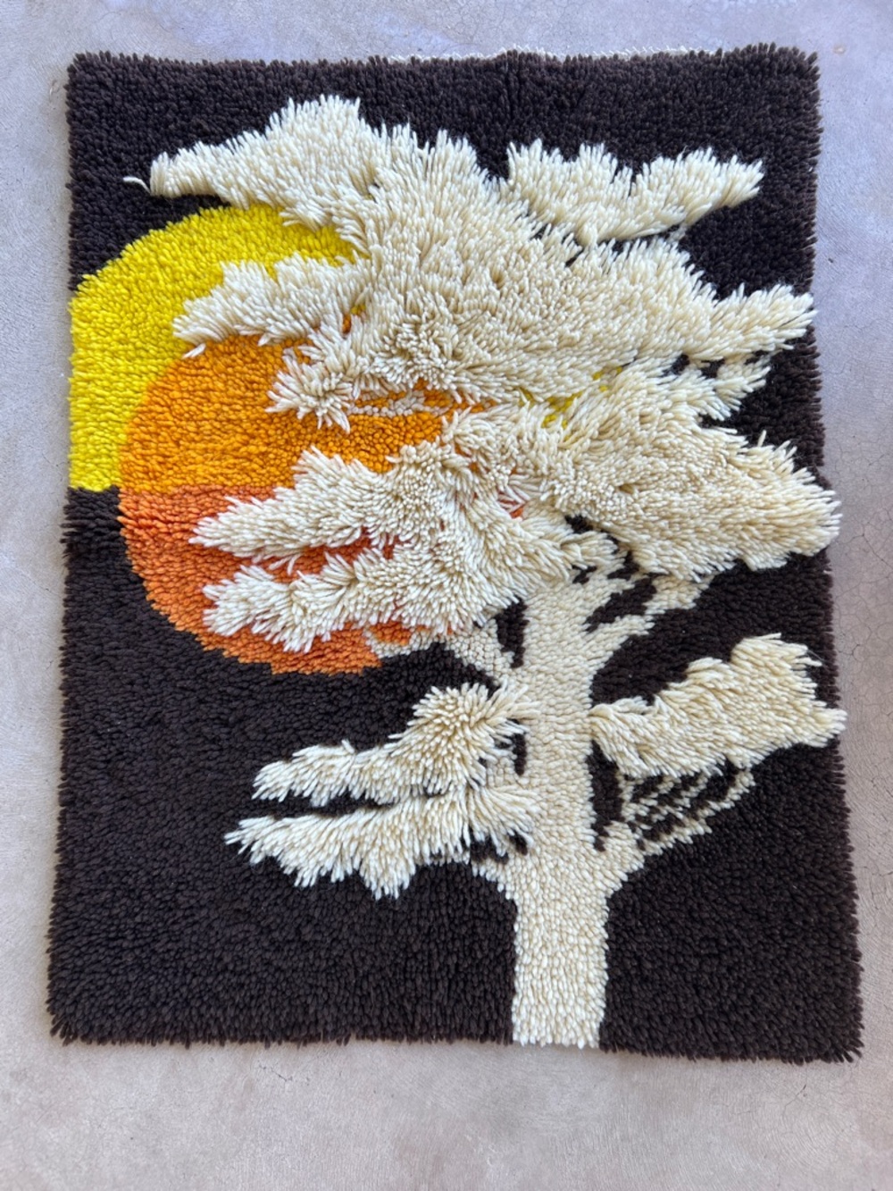 Vintage 1970s High/Low Latch Hook Rug Mod Boho Tree And Sun Sunset